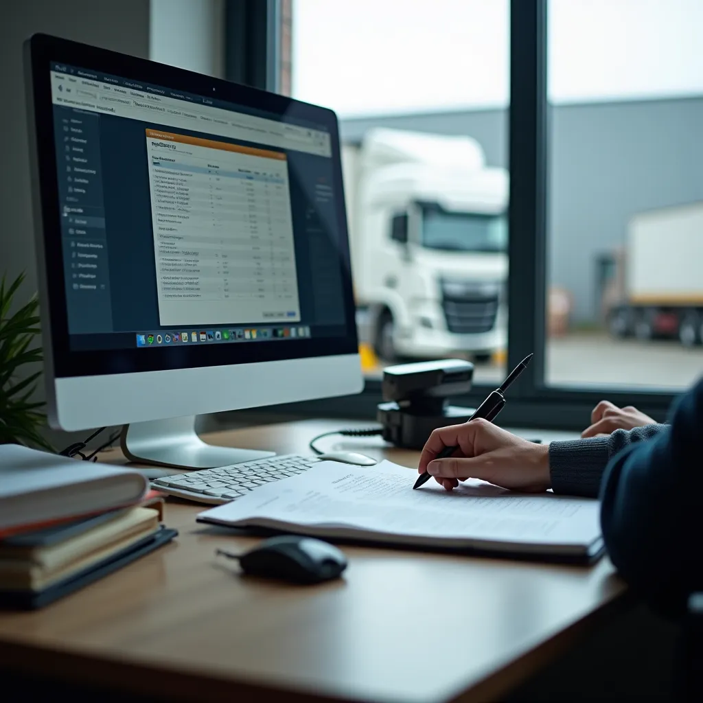 Ufficio operativo autotrasporto con PC e documenti anagrafica durante migrazione gestionale